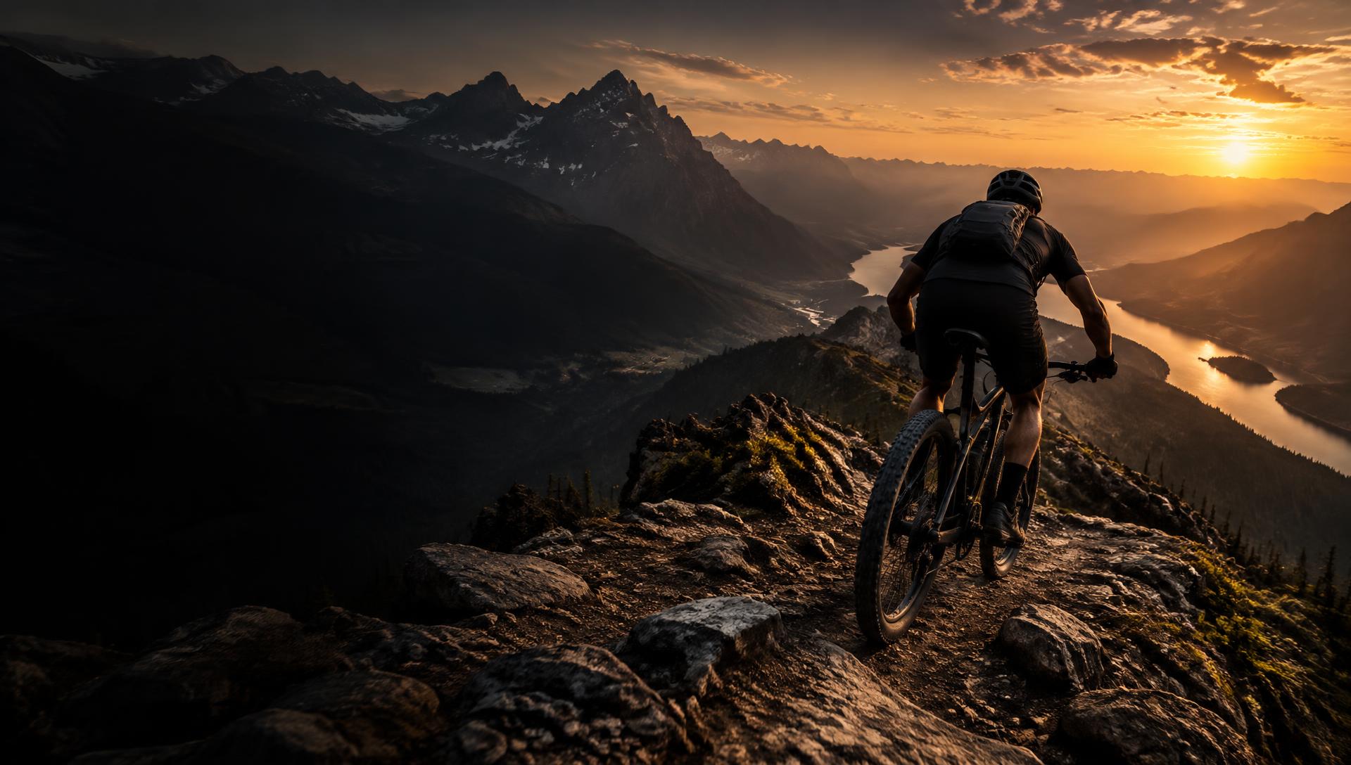 Ciclista em trilha de montanha ao pôr do sol